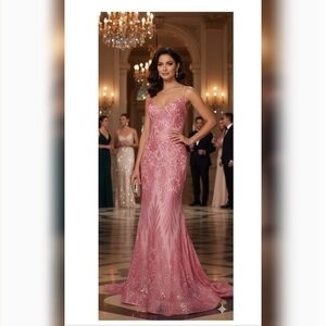 Elegant Pink Lace Evening Gown